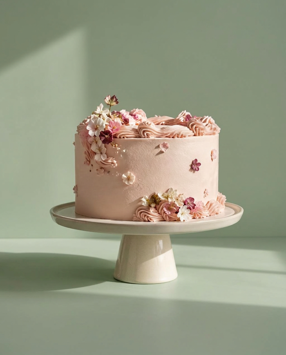 Torta artigianale decorata con fiori su fondo verde salvia